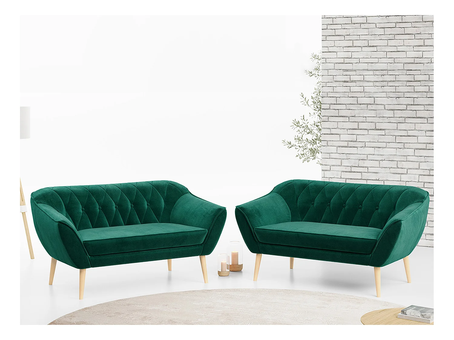 Couchgarnitur PIRS - 2+2, Skandinavischer Set mit Armlehnen, Holzbeine - Dunkelgrün Velvet