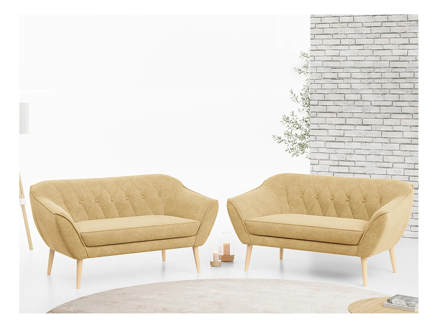 Couchgarnitur PIRS - 2+2, Skandinavischer Set mit Armlehnen, Holzbeine - Gelb Stukture