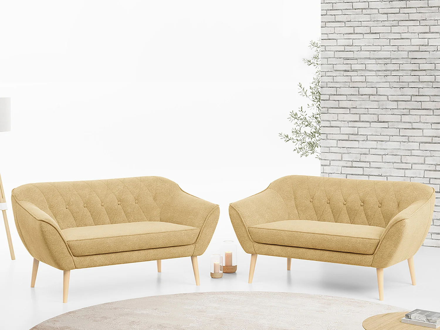 Couchgarnitur PIRS - 2+2, Skandinavischer Set mit Armlehnen, Holzbeine - Gelb Stukture