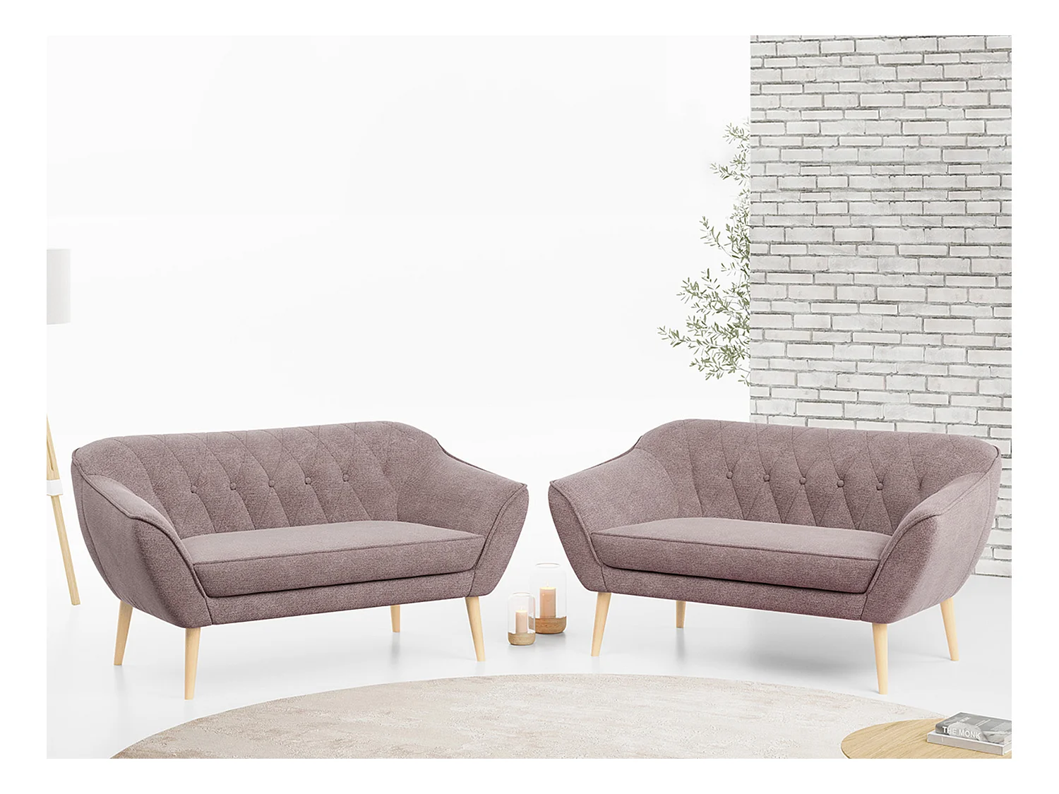 Couchgarnitur PIRS - 2+2, Skandinavischer Set mit Armlehnen, Holzbeine - Rosa Stukture