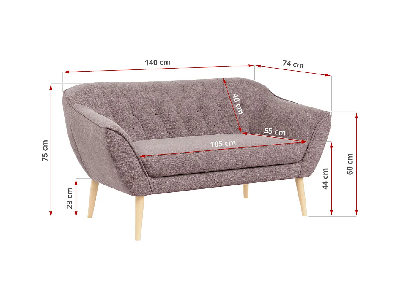 Couchgarnitur PIRS - 2+2, Skandinavischer Set mit Armlehnen, Holzbeine - Rosa Stukture