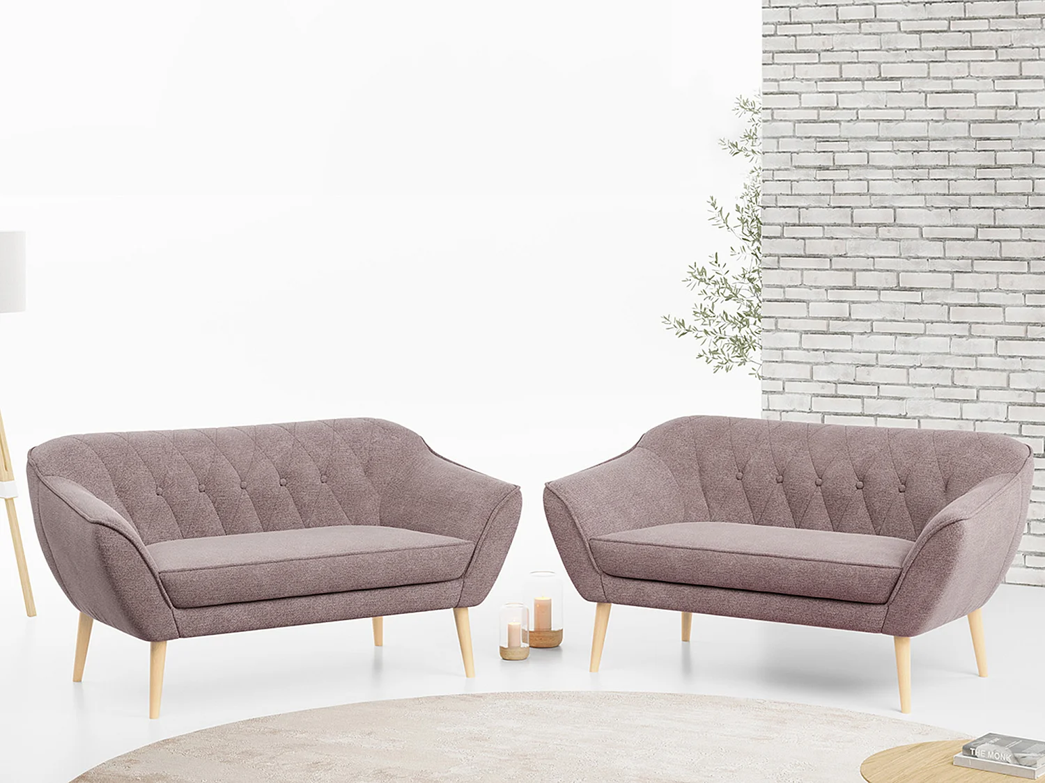 Couchgarnitur PIRS - 2+2, Skandinavischer Set mit Armlehnen, Holzbeine - Rosa Stukture