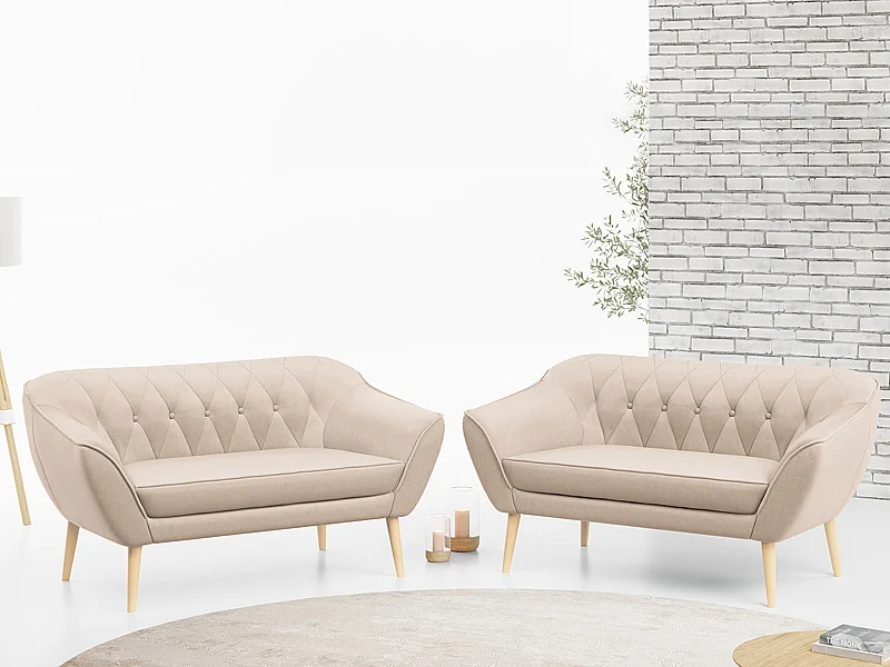 Couchgarnitur PIRS - 2+2, Skandinavischer Set mit Armlehnen, Holzbeine - Beige Velvet