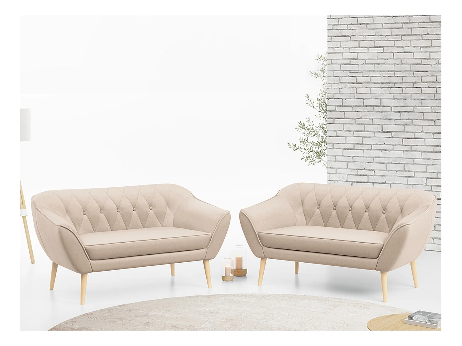 Couchgarnitur PIRS - 2+2, Skandinavischer Set mit Armlehnen, Holzbeine - Beige Velvet