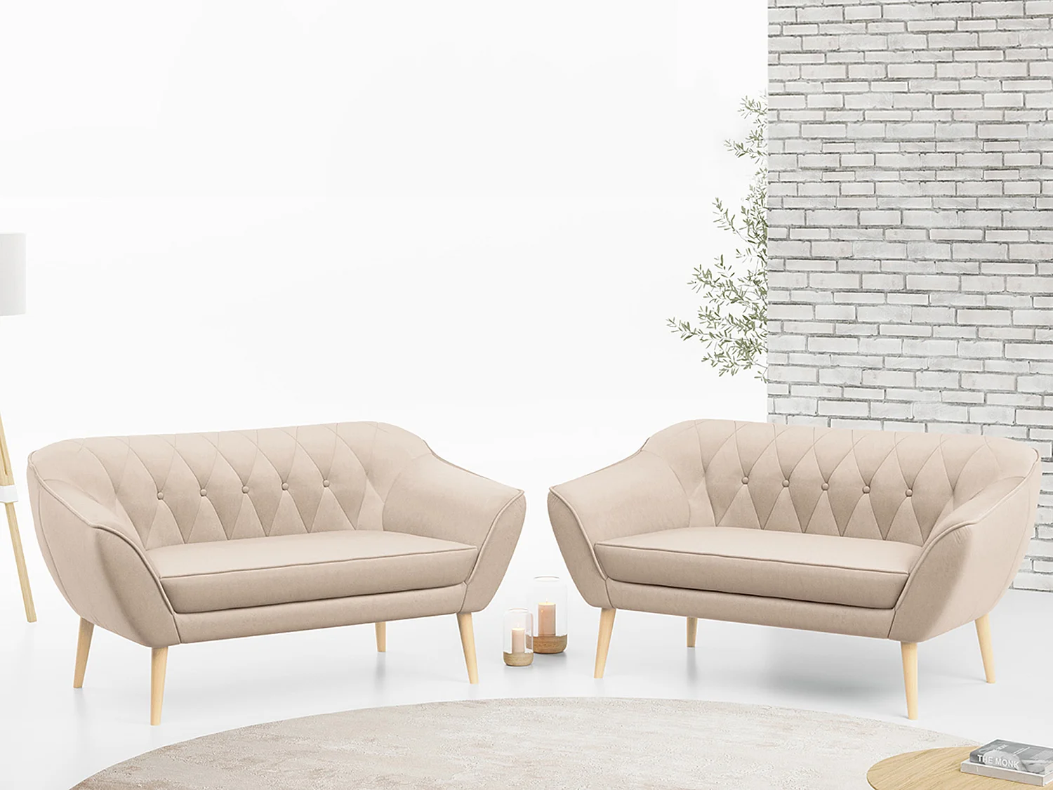 Couchgarnitur PIRS - 2+2, Skandinavischer Set mit Armlehnen, Holzbeine - Beige Velvet