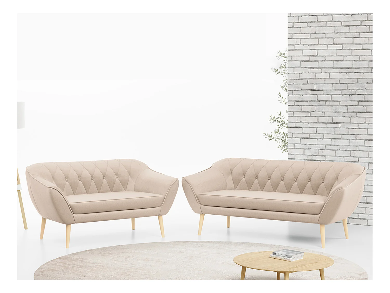 Couchgarnitur Set PIRS - 3+2, Skandinavischer Design, Holzbeine - Beige Velvet