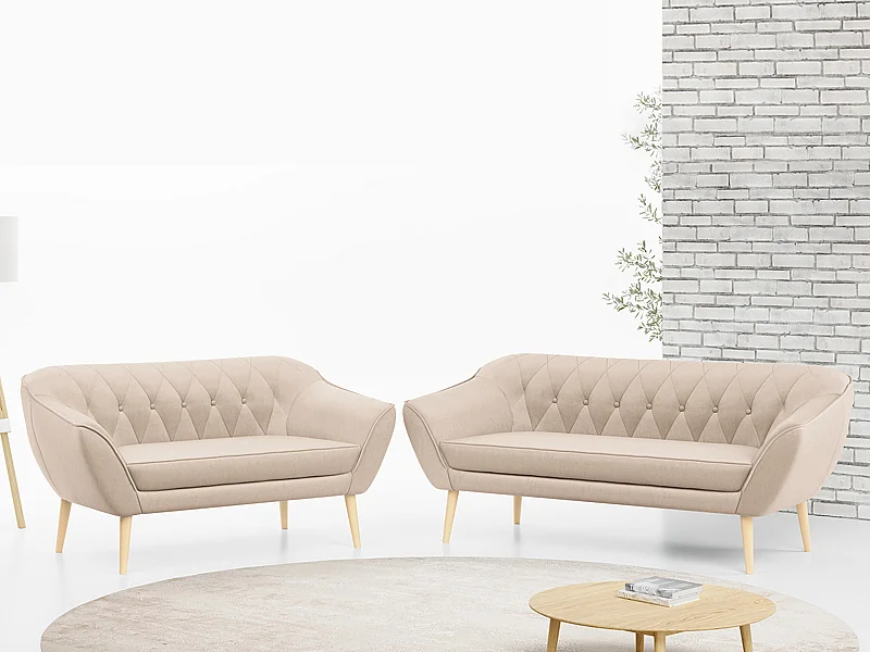 Couchgarnitur Set PIRS - 3+2, Skandinavischer Design, Holzbeine - Beige Velvet