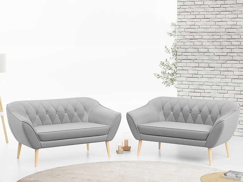 Couchgarnitur PIRS - 2+2, Skandinavischer Set mit Armlehnen, Holzbeine - Hellgrau Velvet