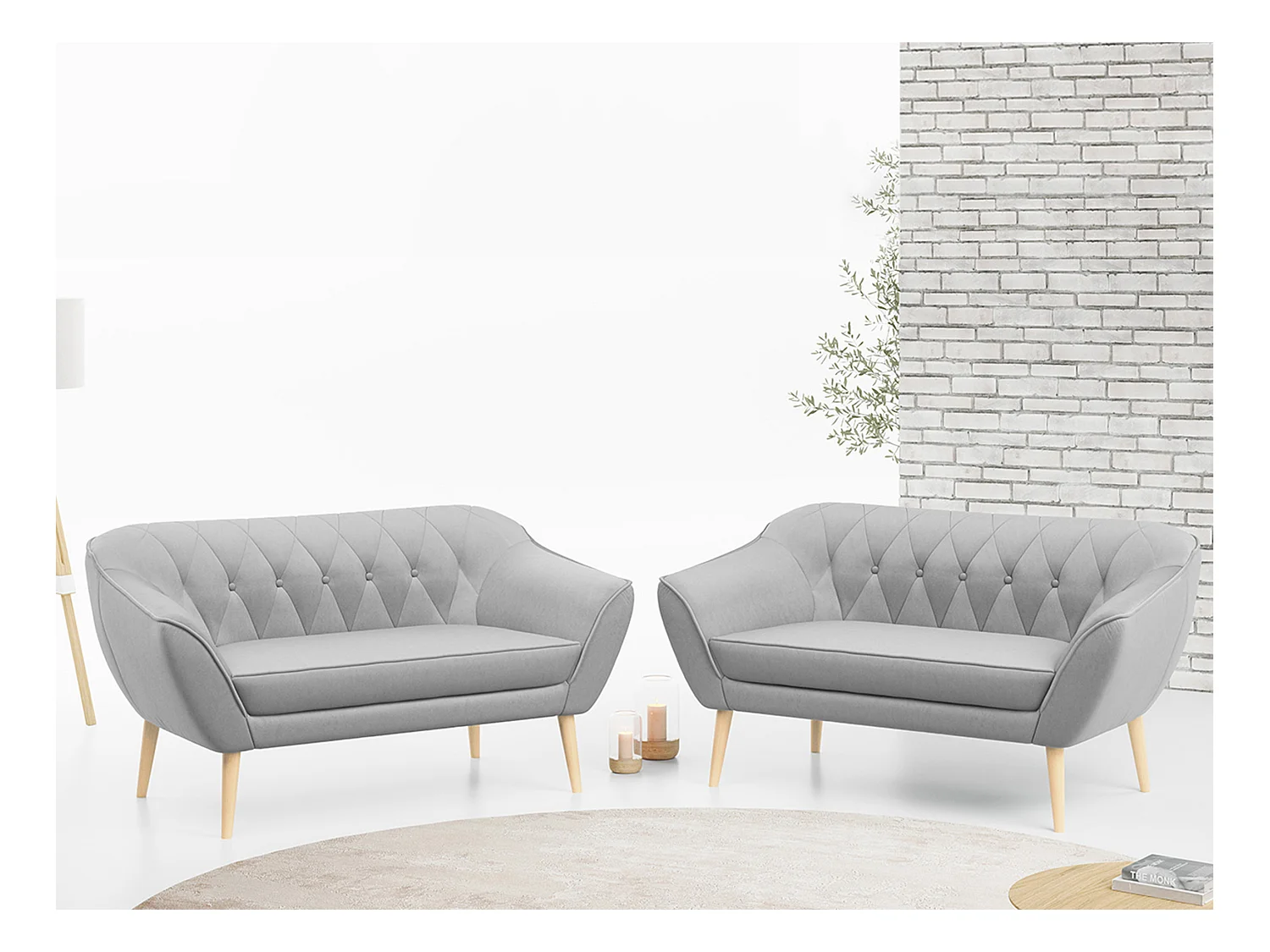 Couchgarnitur PIRS - 2+2, Skandinavischer Set mit Armlehnen, Holzbeine - Hellgrau Velvet