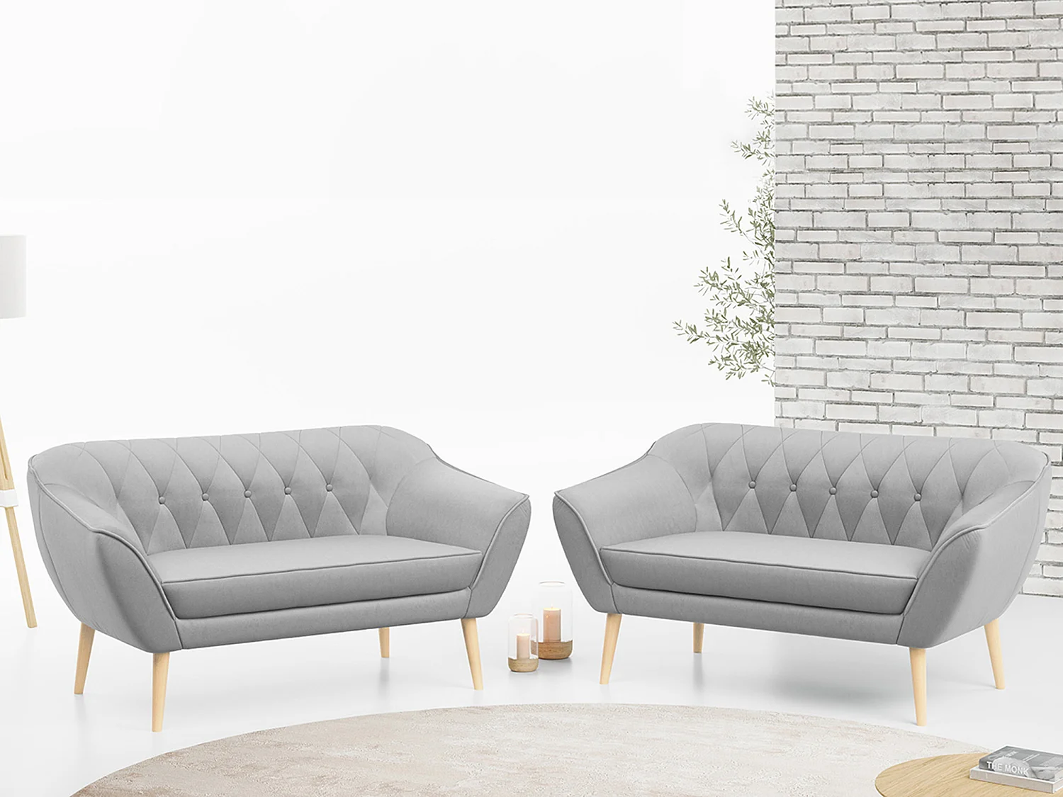 Couchgarnitur PIRS - 2+2, Skandinavischer Set mit Armlehnen, Holzbeine - Hellgrau Velvet