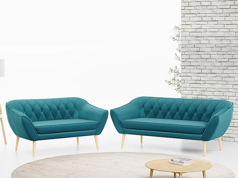 Couchgarnitur Set PIRS - 3+2, Skandinavischer Design, Holzbeine - Blau Velvet