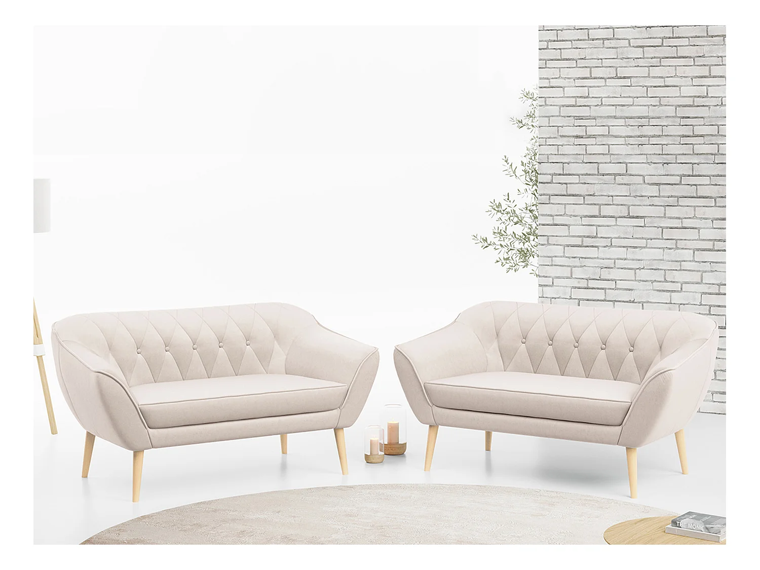 Couchgarnitur PIRS - 2+2, Skandinavischer Set mit Armlehnen, Holzbeine - Creme Velvet