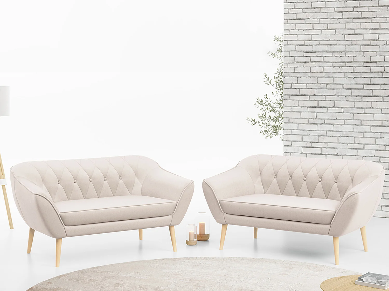 Couchgarnitur PIRS - 2+2, Skandinavischer Set mit Armlehnen, Holzbeine - Creme Velvet