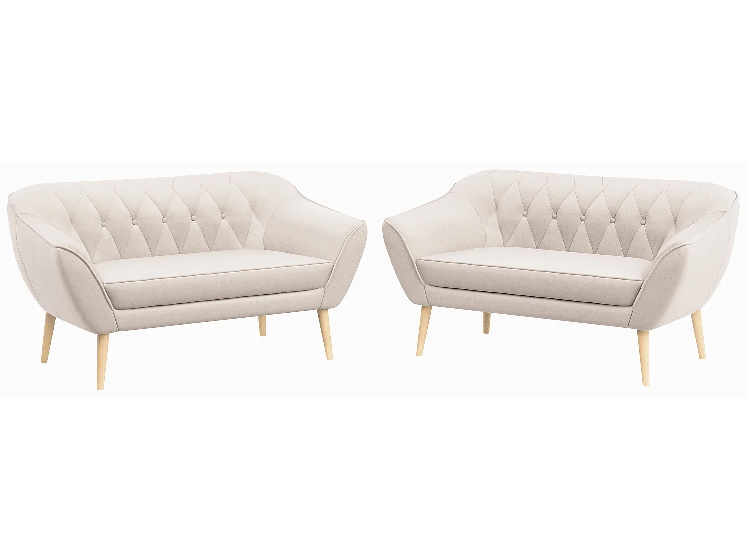 Couchgarnitur PIRS - 2+2, Skandinavischer Set mit Armlehnen, Holzbeine - Creme Velvet