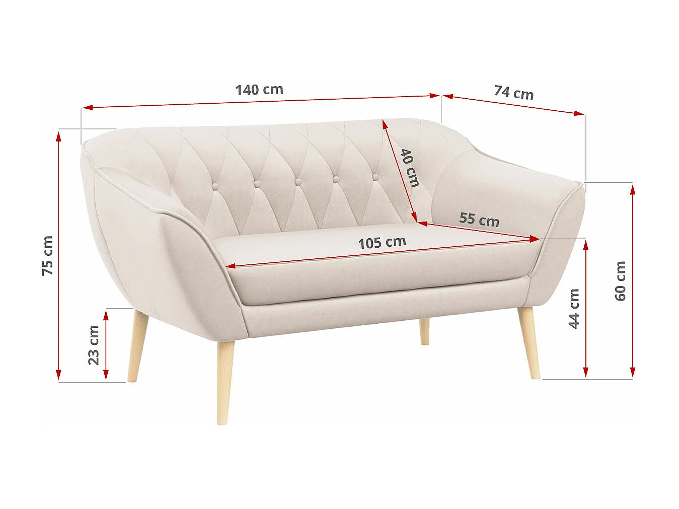Couchgarnitur PIRS - 2+2, Skandinavischer Set mit Armlehnen, Holzbeine - Creme Velvet