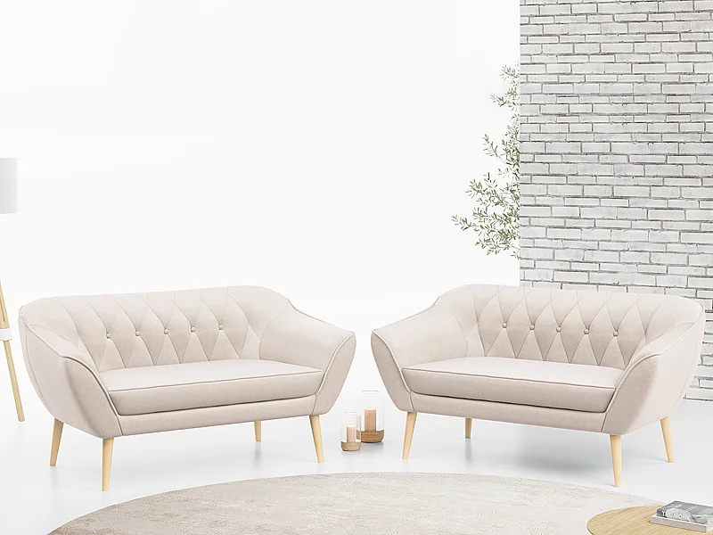 Couchgarnitur PIRS - 2+2, Skandinavischer Set mit Armlehnen, Holzbeine - Creme Velvet