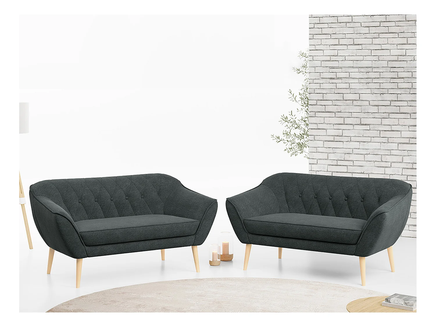 Couchgarnitur PIRS - 2+2, Skandinavischer Set mit Armlehnen, Holzbeine - Dunkelgrau Stukture