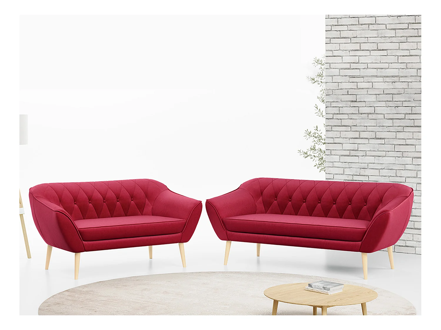 Couchgarnitur Set PIRS - 3+2, Skandinavischer Design, Holzbeine - Rot Velvet