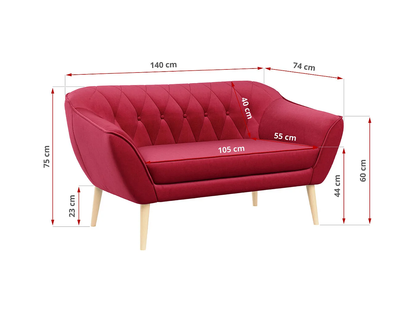 Couchgarnitur Set PIRS - 3+2, Skandinavischer Design, Holzbeine - Rot Velvet