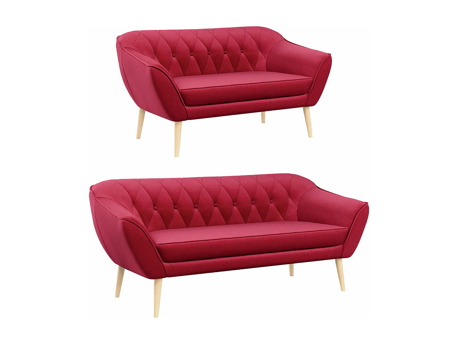Couchgarnitur Set PIRS - 3+2, Skandinavischer Design, Holzbeine - Rot Velvet