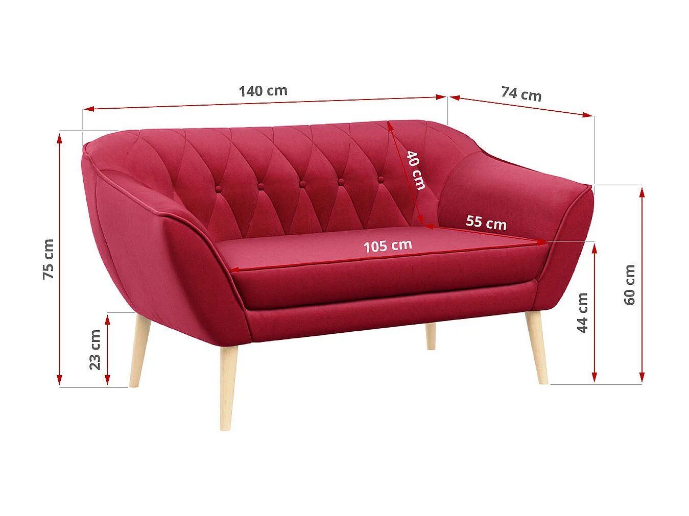Couchgarnitur Set PIRS - 3+2, Skandinavischer Design, Holzbeine - Rot Velvet
