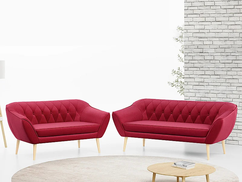 Couchgarnitur Set PIRS - 3+2, Skandinavischer Design, Holzbeine - Rot Velvet