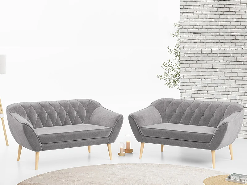 Couchgarnitur PIRS - 2+2, Skandinavischer Set mit Armlehnen, Holzbeine - Hellgrau Velvet