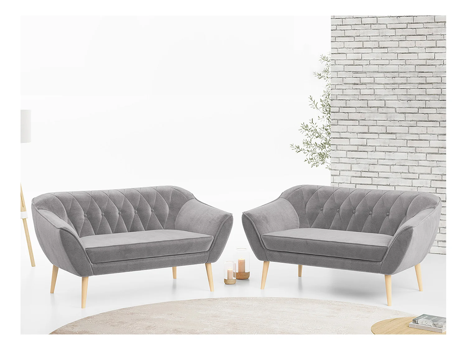 Couchgarnitur PIRS - 2+2, Skandinavischer Set mit Armlehnen, Holzbeine - Hellgrau Velvet