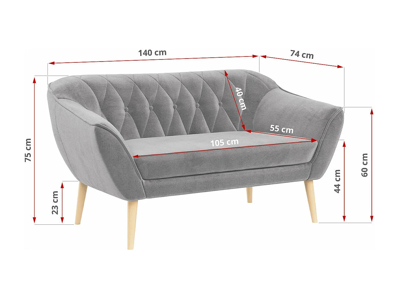 Couchgarnitur PIRS - 2+2, Skandinavischer Set mit Armlehnen, Holzbeine - Hellgrau Velvet