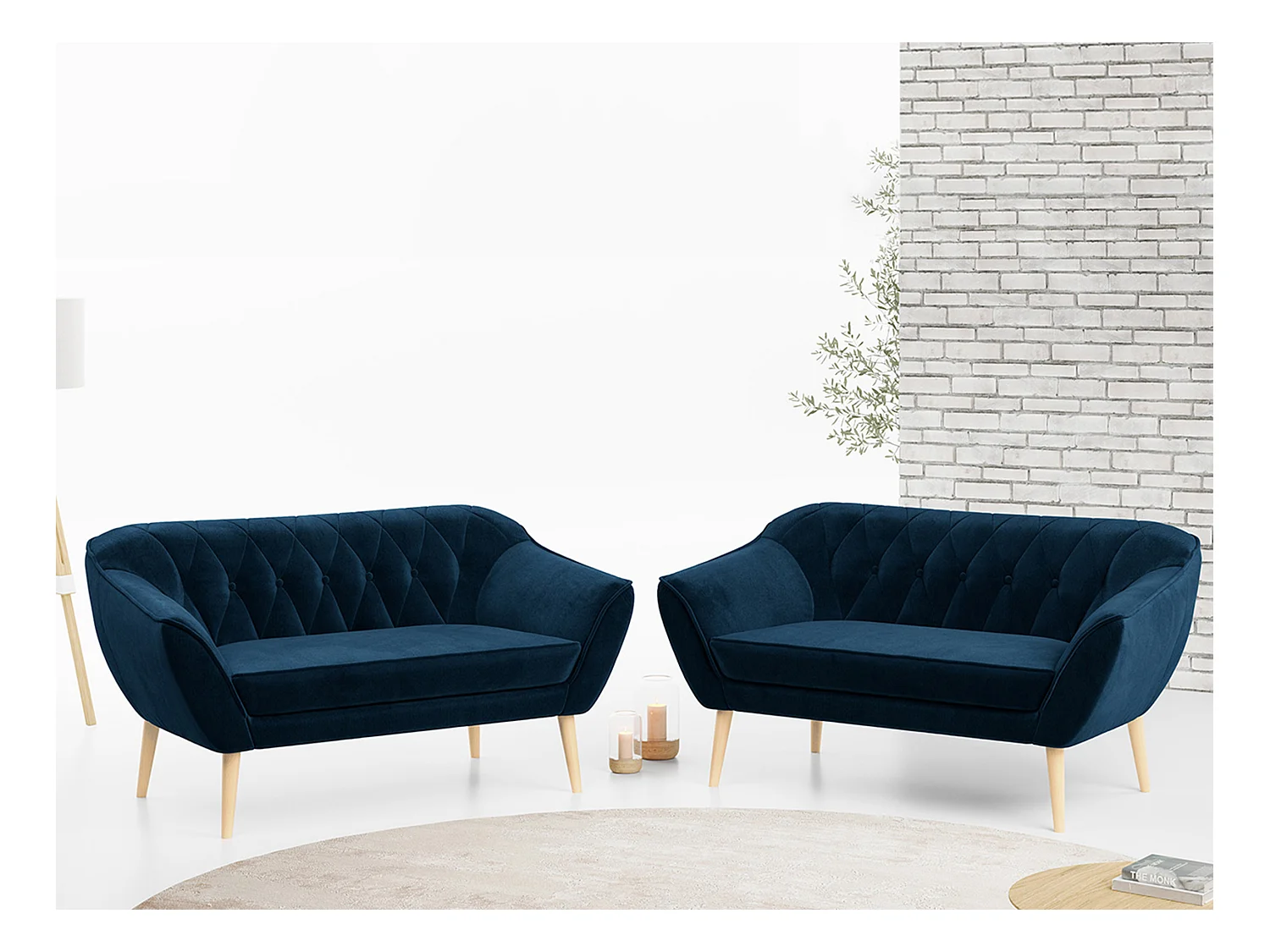 Couchgarnitur PIRS - 2+2, Skandinavischer Set mit Armlehnen, Holzbeine - Dunkelblau Velvet