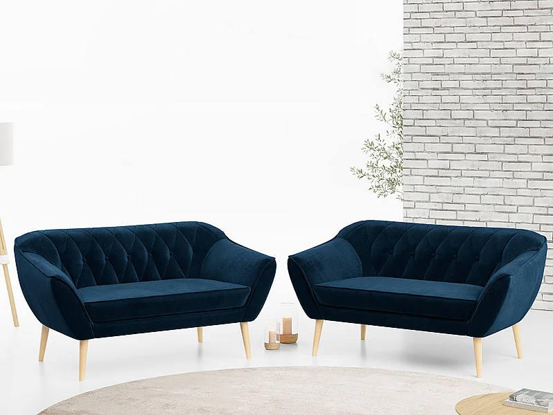 Couchgarnitur PIRS - 2+2, Skandinavischer Set mit Armlehnen, Holzbeine - Dunkelblau Velvet