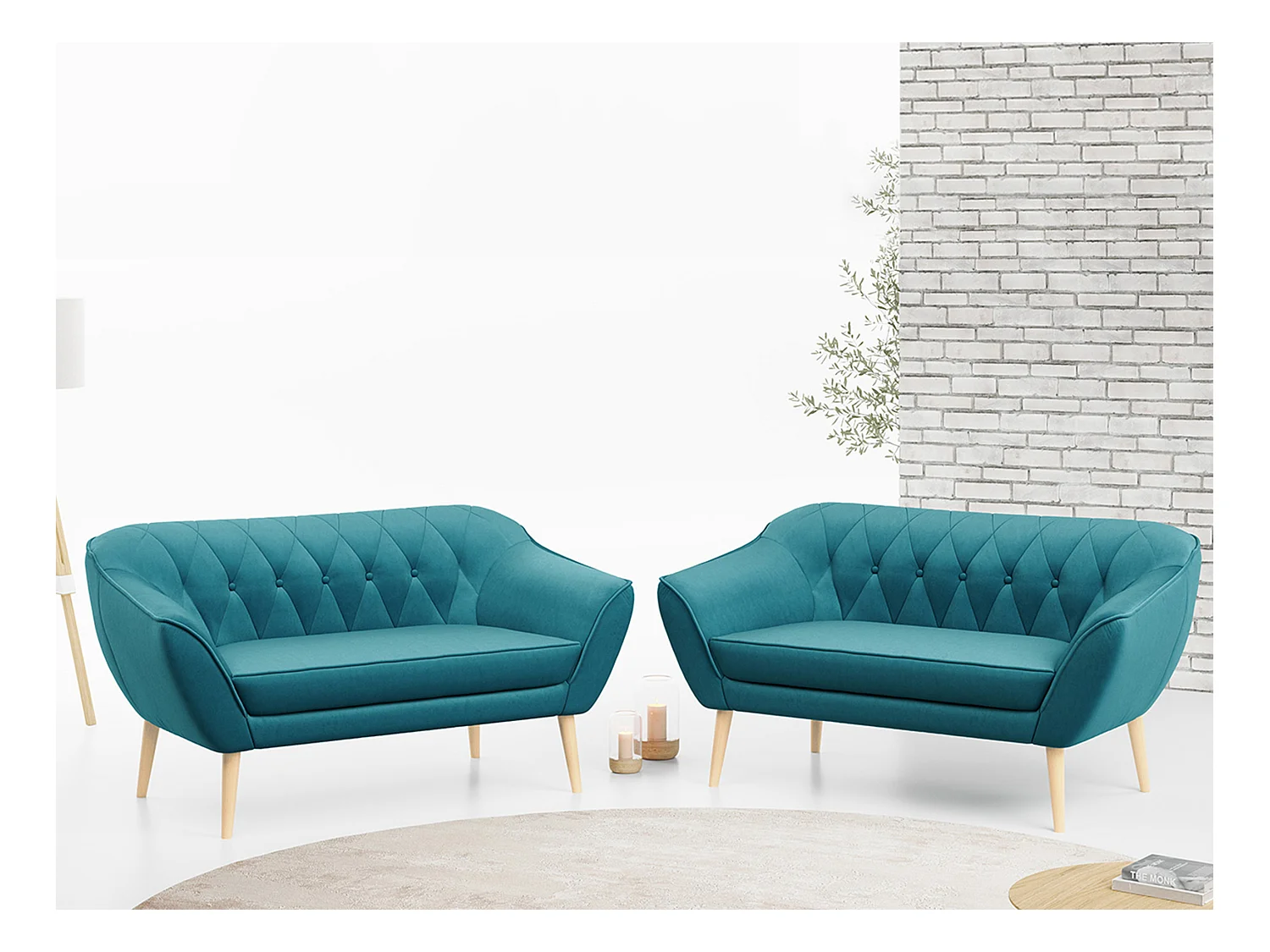 Couchgarnitur PIRS - 2+2, Skandinavischer Set mit Armlehnen, Holzbeine - Blau Velvet