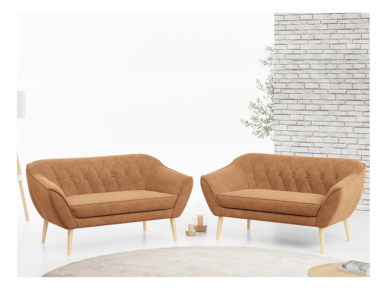 Couchgarnitur PIRS - 2+2, Skandinavischer Set mit Armlehnen, Holzbeine - Orange Stukture