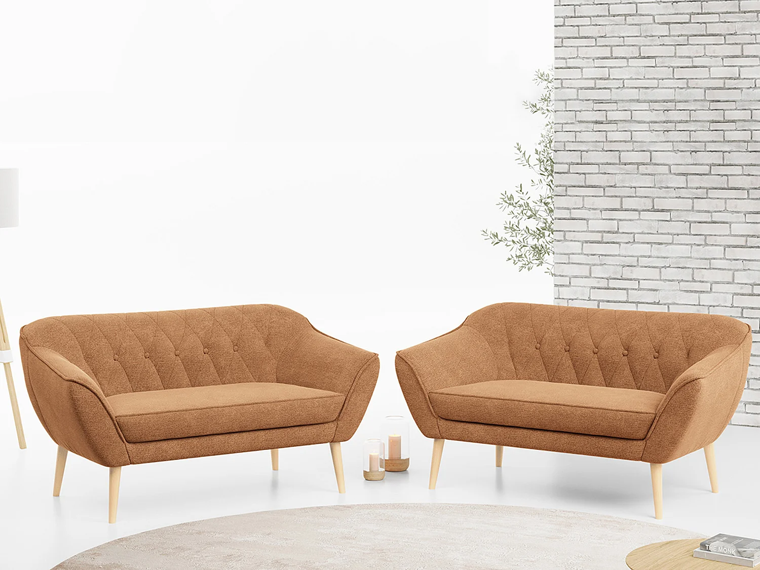 Couchgarnitur PIRS - 2+2, Skandinavischer Set mit Armlehnen, Holzbeine - Orange Stukture