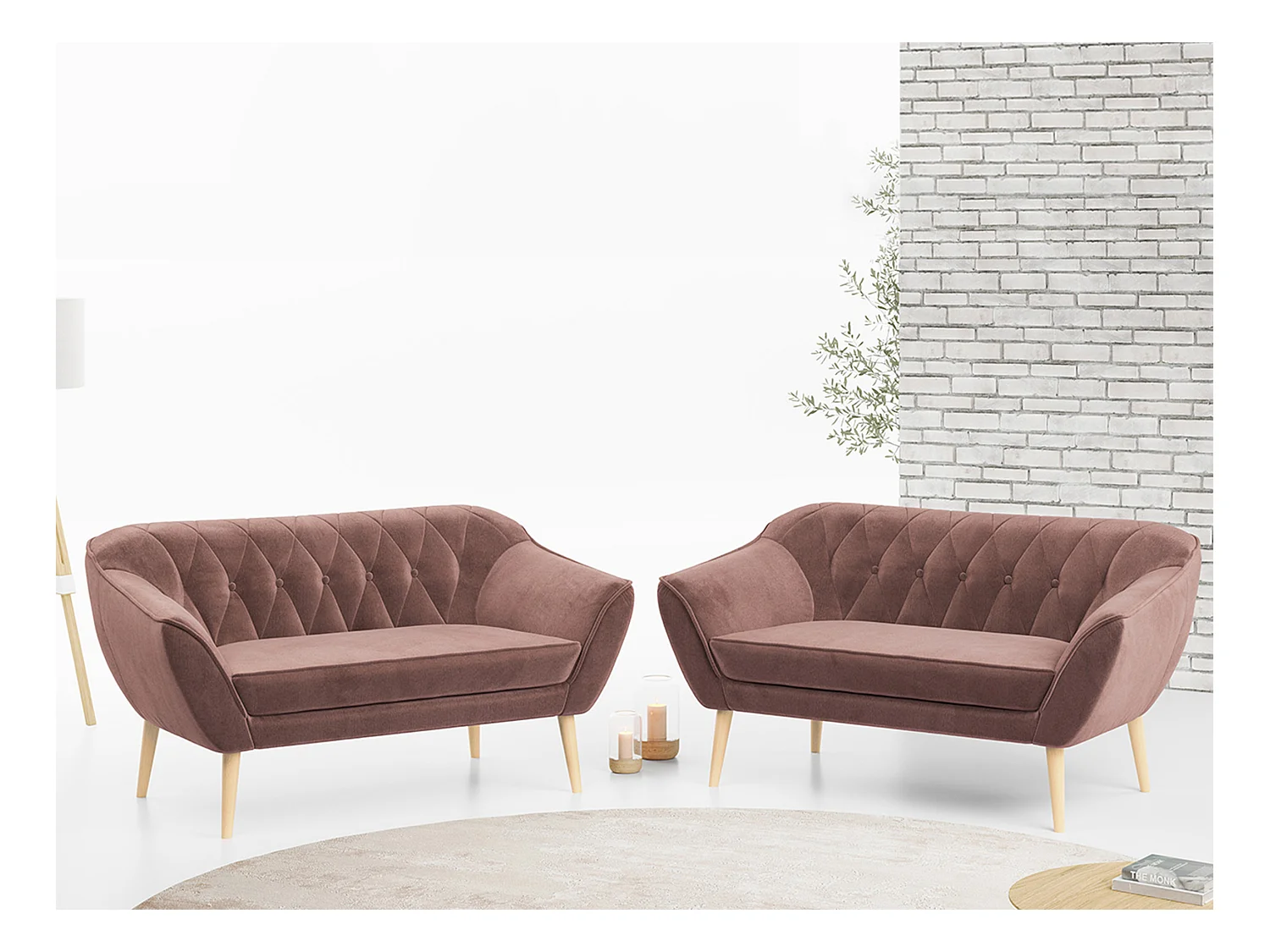 Couchgarnitur PIRS - 2+2, Skandinavischer Set mit Armlehnen, Holzbeine - Rosa Velvet