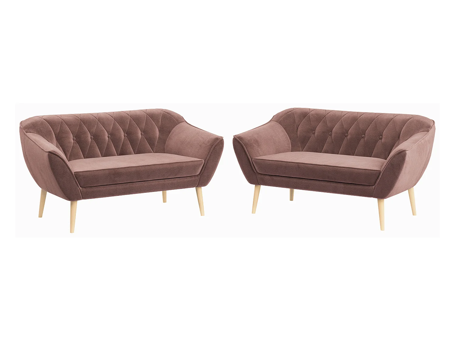 Couchgarnitur PIRS - 2+2, Skandinavischer Set mit Armlehnen, Holzbeine - Rosa Velvet
