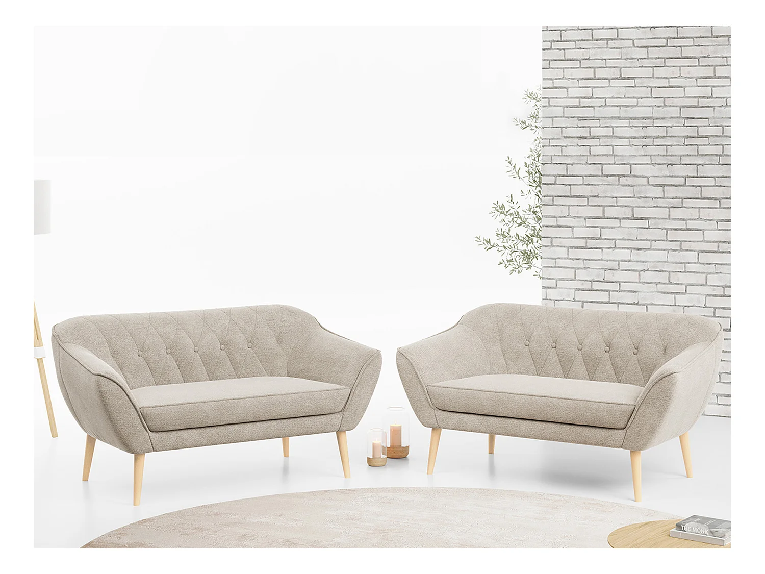 Couchgarnitur PIRS - 2+2, Skandinavischer Set mit Armlehnen, Holzbeine - Beige Stukture