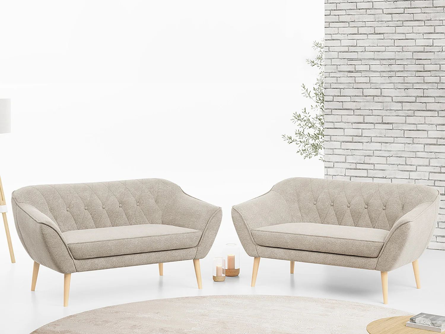 Couchgarnitur PIRS - 2+2, Skandinavischer Set mit Armlehnen, Holzbeine - Beige Stukture