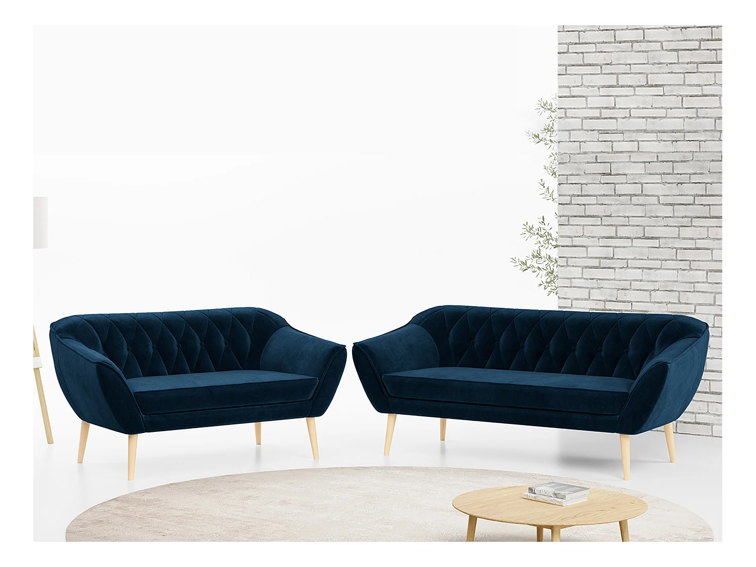 Couchgarnitur Set PIRS - 3+2, Skandinavischer Design, Holzbeine - Dunkelblau Velvet