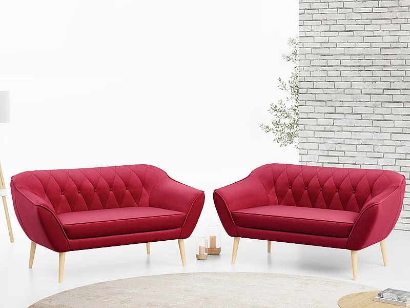 Couchgarnitur PIRS - 2+2, Skandinavischer Set mit Armlehnen, Holzbeine - Rot Velvet