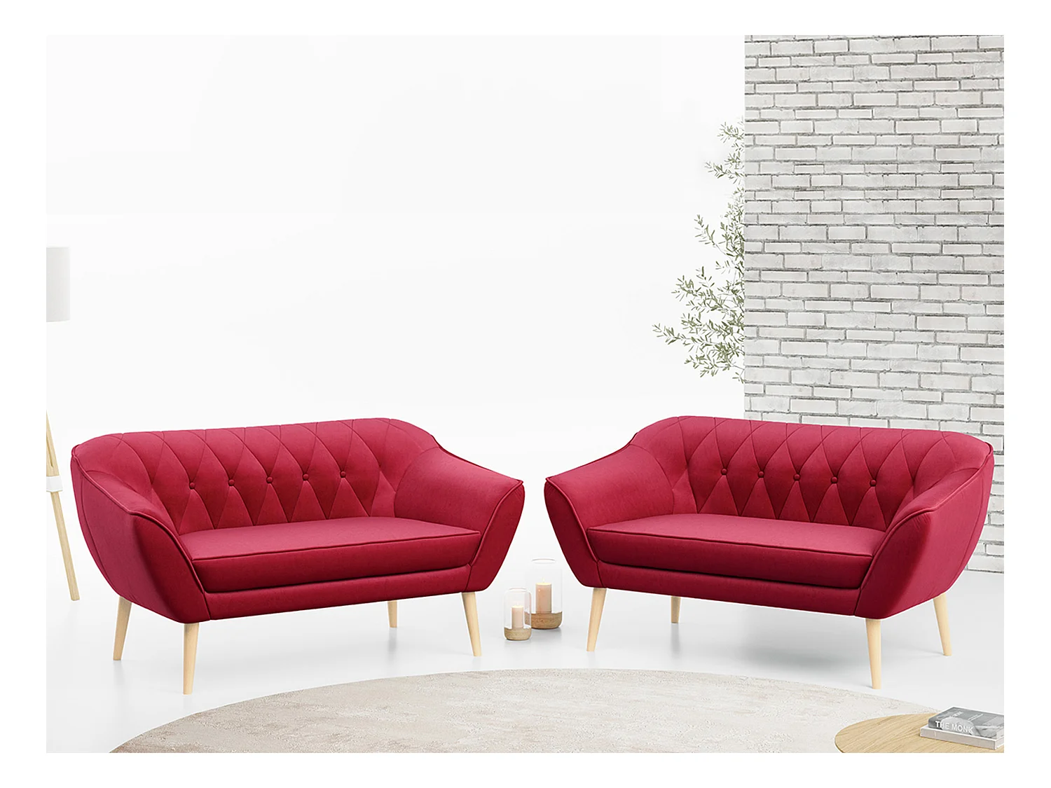 Couchgarnitur PIRS - 2+2, Skandinavischer Set mit Armlehnen, Holzbeine - Rot Velvet