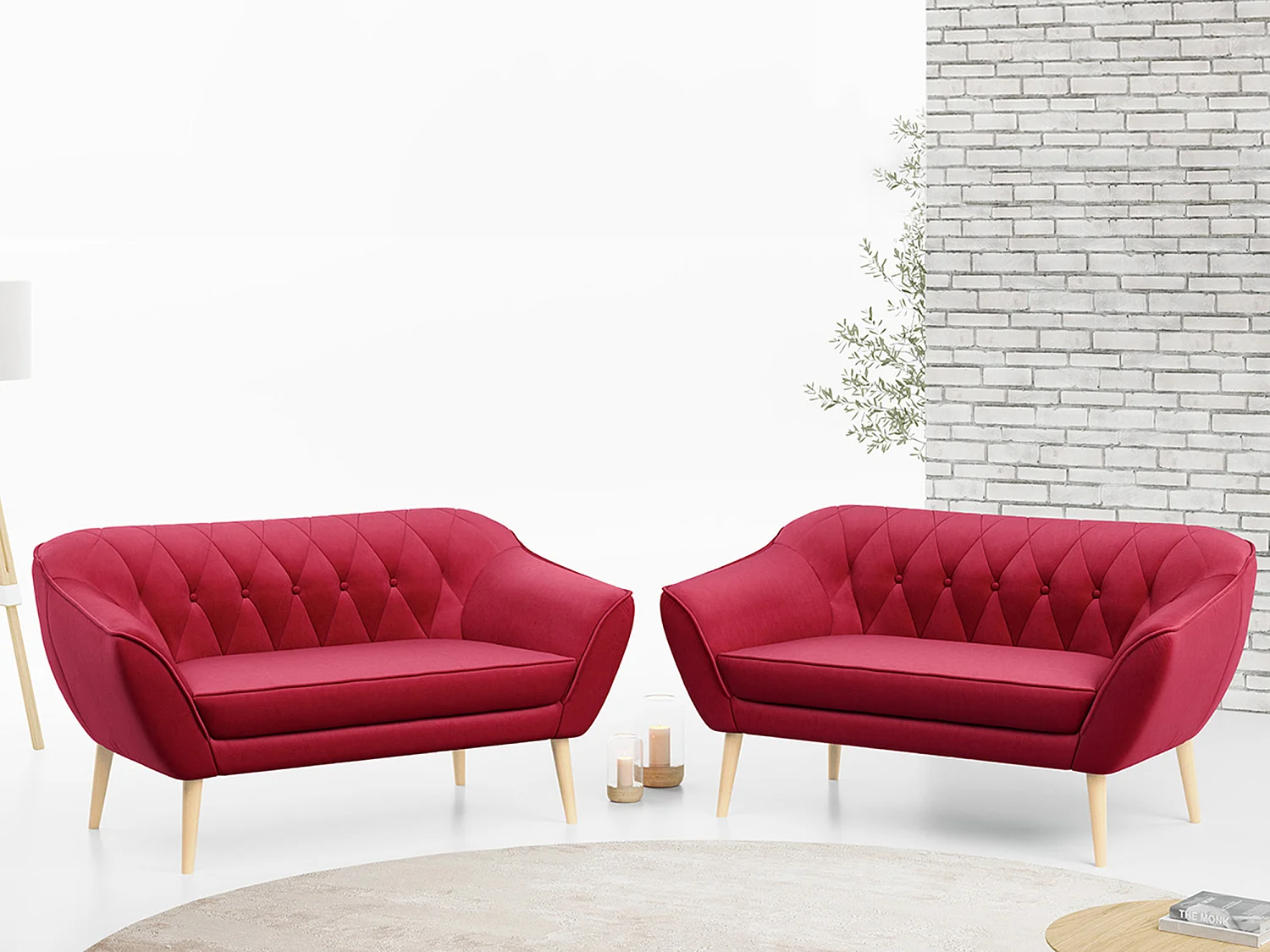 Couchgarnitur PIRS - 2+2, Skandinavischer Set mit Armlehnen, Holzbeine - Rot Velvet