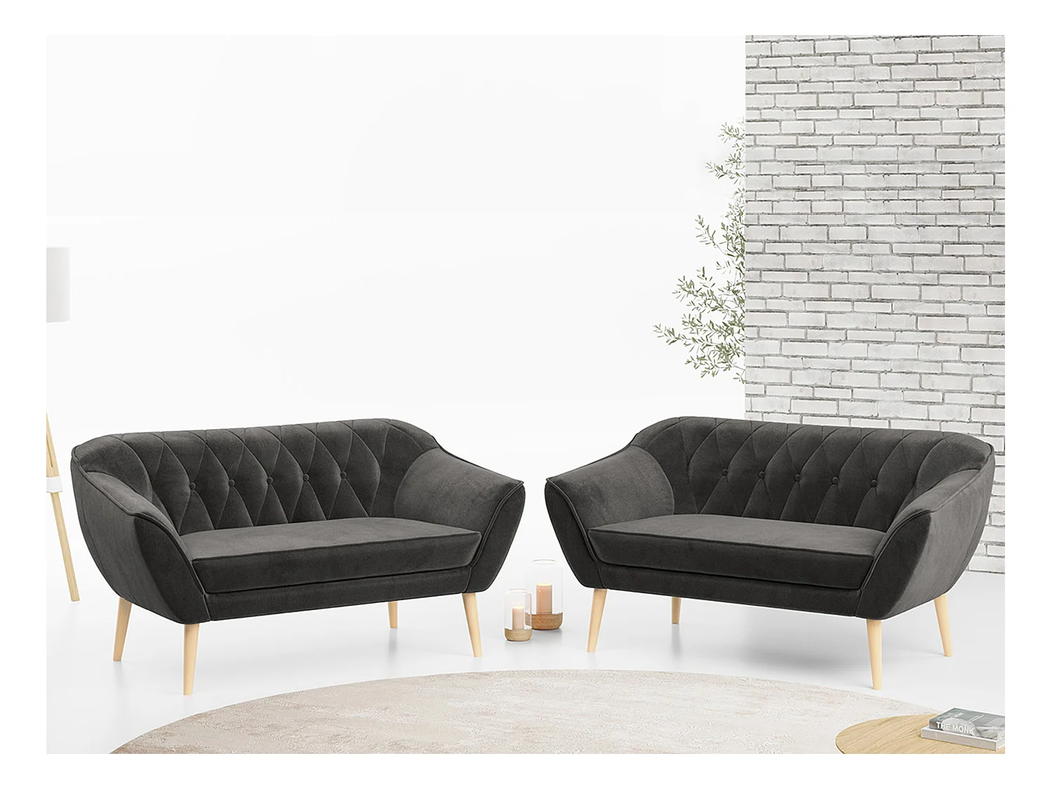 Couchgarnitur PIRS - 2+2, Skandinavischer Set mit Armlehnen, Holzbeine - Grau Velvet