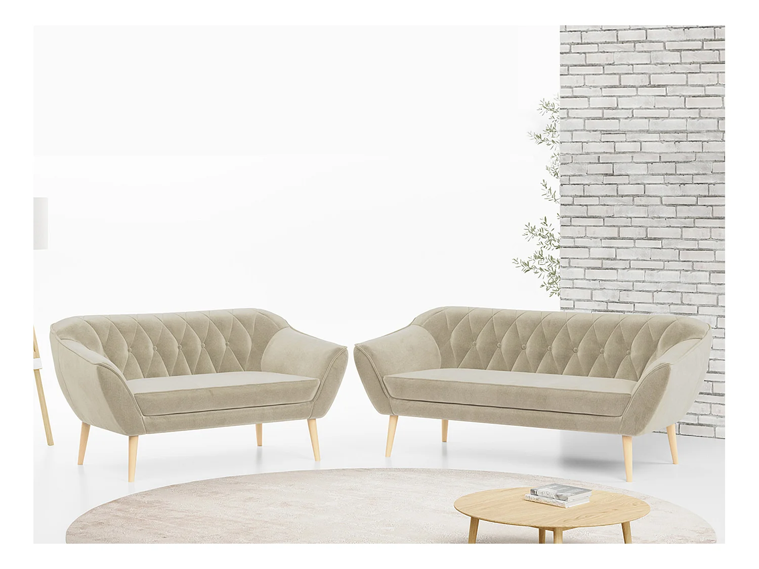 Couchgarnitur Set PIRS - 3+2, Skandinavischer Design, Holzbeine - Beige Velvet