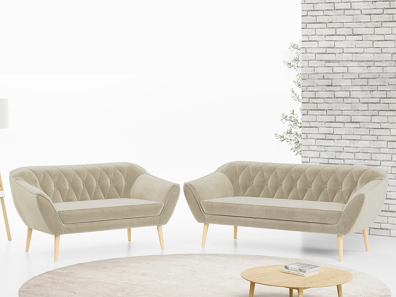 Couchgarnitur Set PIRS - 3+2, Skandinavischer Design, Holzbeine - Beige Velvet