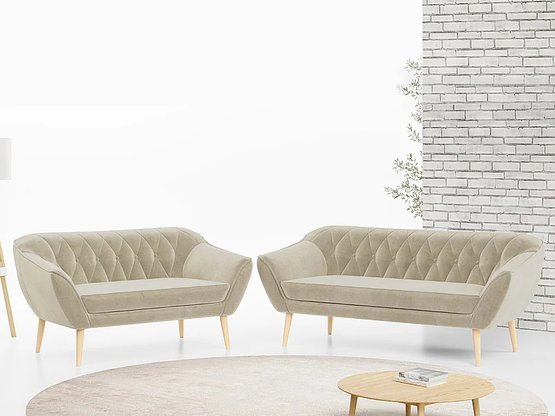Couchgarnitur Set PIRS - 3+2, Skandinavischer Design, Holzbeine - Beige Velvet