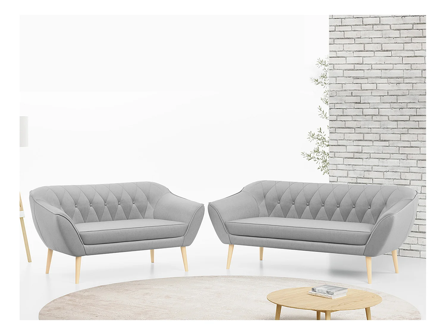 Couchgarnitur Set PIRS - 3+2, Skandinavischer Design, Holzbeine - Hellgrau Velvet