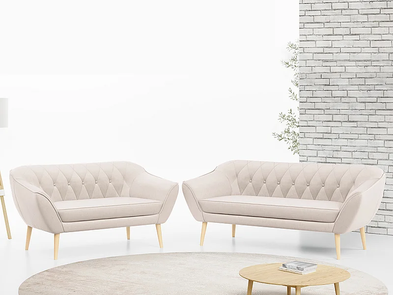 Couchgarnitur Set PIRS - 3+2, Skandinavischer Design, Holzbeine - Creme Velvet