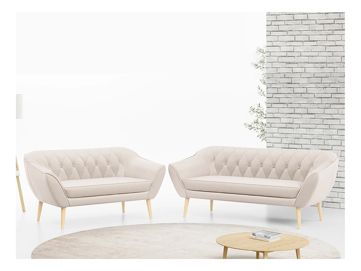 Couchgarnitur Set PIRS - 3+2, Skandinavischer Design, Holzbeine - Creme Velvet