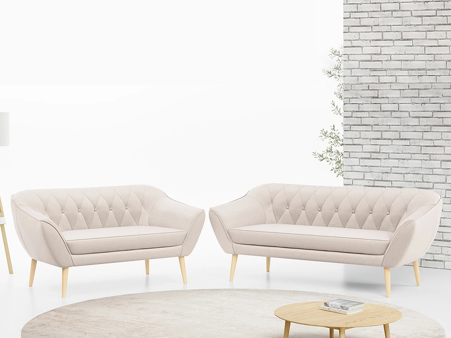 Couchgarnitur Set PIRS - 3+2, Skandinavischer Design, Holzbeine - Creme Velvet